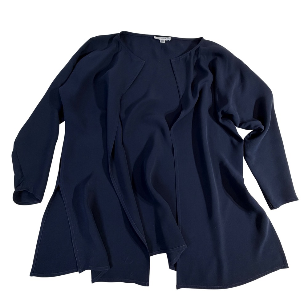 Vintage Zoran Silk Cardigan One Size Navy Open Front Side Slits READ